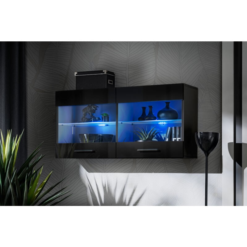 Vitrine Armoire Savona, Noir/Noir, Largeur 100 cm x Hauteur 50 cm x Profondeur 30 cm, led Bleues, 2 étagères, pour Salon, Chambre, Entrée, Cuisine