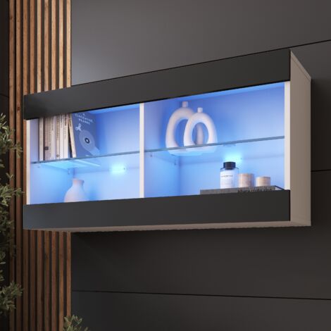 Komodee Vitrine Suspendue Tivoli Horizontal 100, Blanc/Noir, LED Bleues Largeur 100cm x Hauteur 50cm x Profondeur 29,5cm, 2 étagères en verre, pour Salon, Chambre