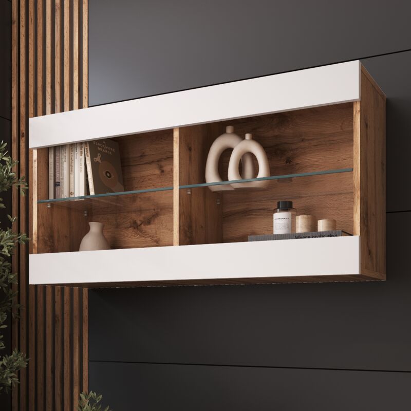 Komodee - Vitrine Suspendue Tivoli Horizontal 100, Wotan/Blanc, Sans led Largeur 100cm x Hauteur 50cm x Profondeur 29,5cm, 2 étagères en verre, pour