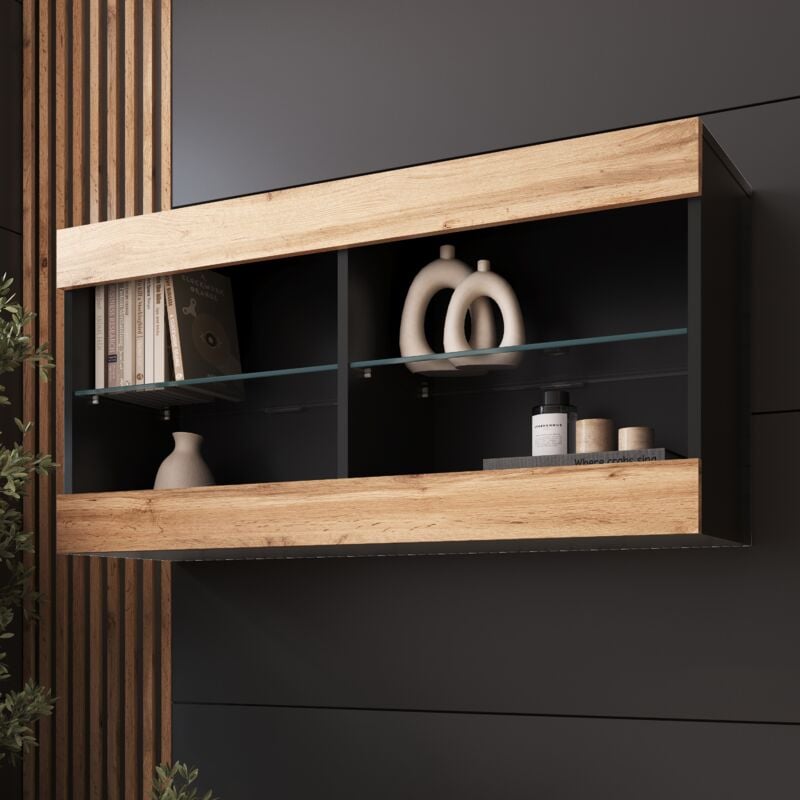 Komodee - Vitrine Suspendue Tivoli Horizontal 100, Noir/Wotan, Sans led Largeur 100cm x Hauteur 50cm x Profondeur 29,5cm, 2 étagères en verre, pour