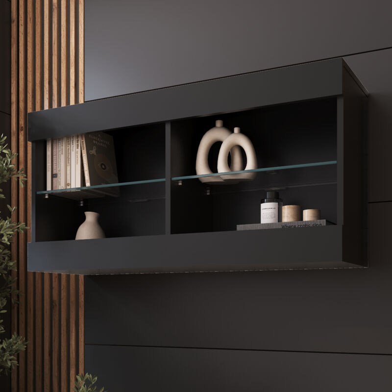 Komodee - Vitrine Suspendue Tivoli Horizontal 100, Noir/Noir, Sans led Largeur 100cm x Hauteur 50cm x Profondeur 29,5cm, 2 étagères en verre, pour