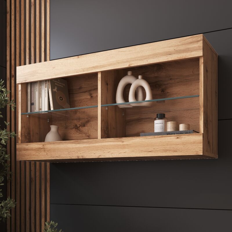 Komodee - Vitrine Suspendue Tivoli Horizontal 100, Wotan/Wotan, Sans led Largeur 100cm x Hauteur 50cm x Profondeur 29,5cm, 2 étagères en verre, pour