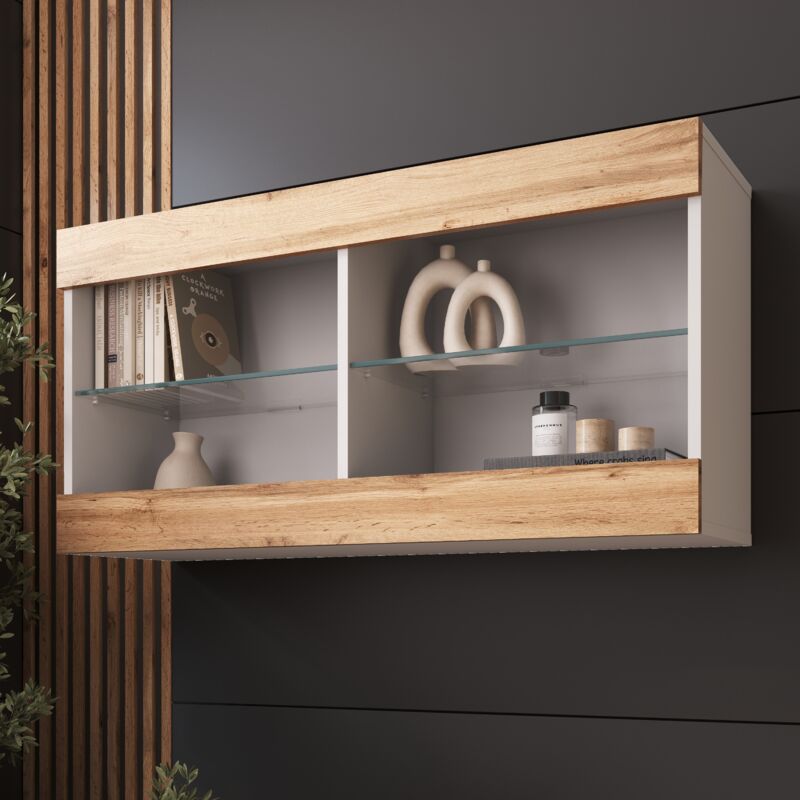 Komodee - Vitrine Suspendue Tivoli Horizontal 100, Blanc/Wotan, Sans led Largeur 100cm x Hauteur 50cm x Profondeur 29,5cm, 2 étagères en verre, pour