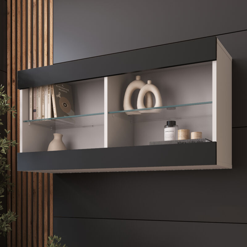 Komodee - Vitrine Suspendue Tivoli Horizontal 100, Blanc/Noir, Sans led Largeur 100cm x Hauteur 50cm x Profondeur 29,5cm, 2 étagères en verre, pour