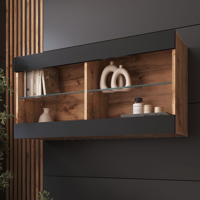 Komodee Vitrine Suspendue Tivoli Horizontal 100, Wotan/Noir, Sans LED Largeur 100cm x Hauteur 50cm x Profondeur 29,5cm, 2 étagères en verre, pour