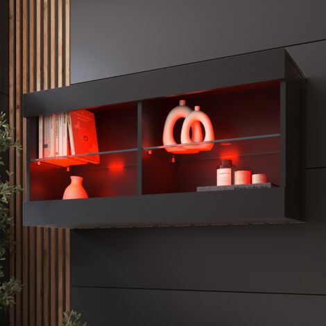 Komodee Vitrine Suspendue Tivoli Horizontal 100, Noir/Noir, LED RGB, Largeur 100cm x Hauteur 50cm x Profondeur 29,5cm, 2 étagères en verre, pour Salon, Chambre