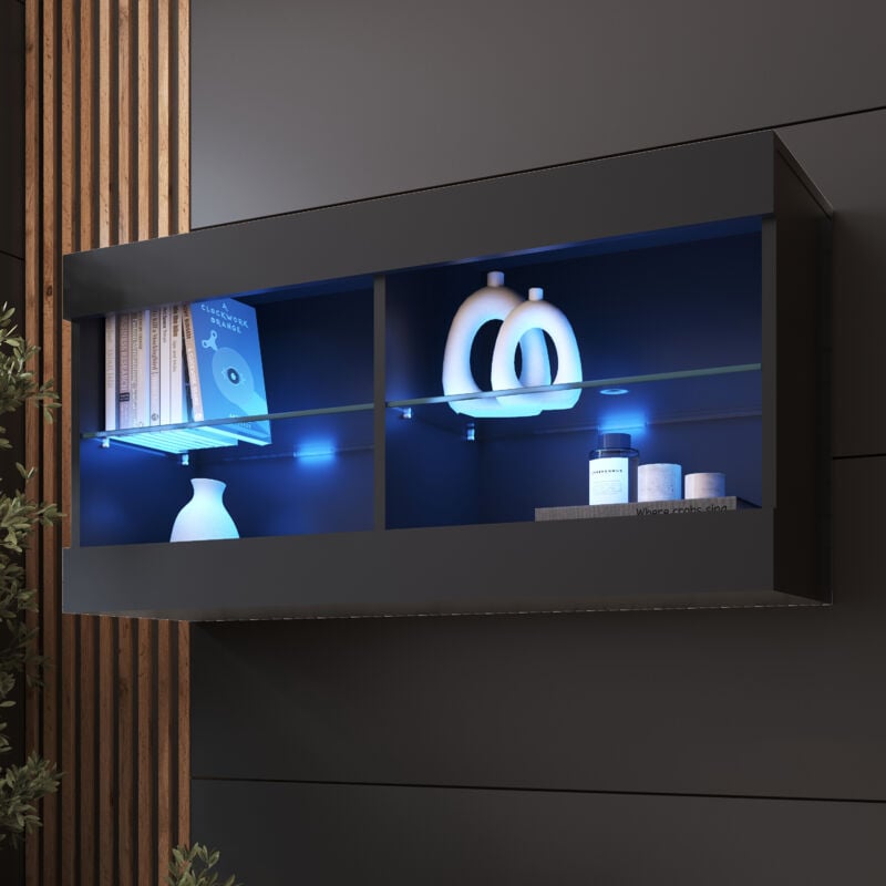 Komodee - Vitrine Suspendue Tivoli Horizontal 100, Noir/Noir, led Bleues Largeur 100cm x Hauteur 50cm x Profondeur 29,5cm, 2 étagères en verre, pour