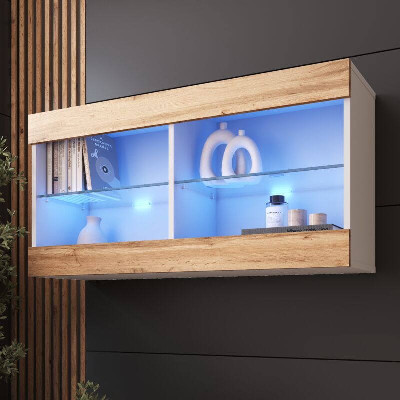 Komodee - Vitrine Suspendue Tivoli Horizontal 100, Blanc/Wotan, led Bleues Largeur 100cm x Hauteur 50cm x Profondeur 29,5cm, 2 étagères en verre,