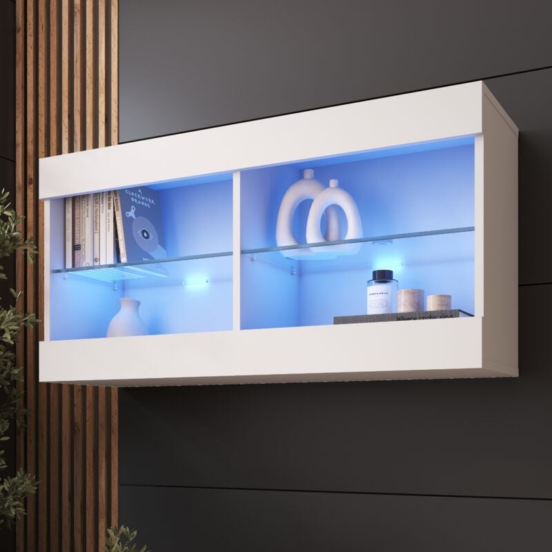 Komodee - Vitrine Suspendue Tivoli Horizontal 100, Blanc/Blanc, led Bleues Largeur 100cm x Hauteur 50cm x Profondeur 29,5cm, 2 étagères en verre,