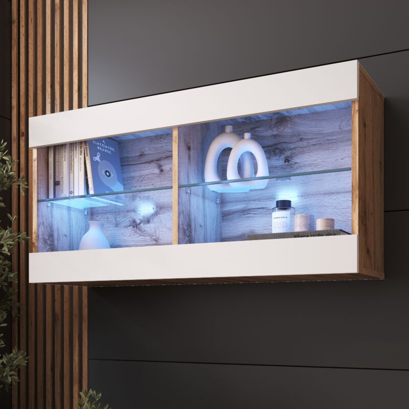 Komodee - Vitrine Suspendue Tivoli Horizontal 100, Wotan/Blanc, led Bleues Largeur 100cm x Hauteur 50cm x Profondeur 29,5cm, 2 étagères en verre,