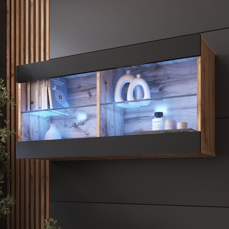 Komodee - Vitrine Suspendue Tivoli Horizontal 100, Wotan/Noir, led Bleues Largeur 100cm x Hauteur 50cm x Profondeur 29,5cm, 2 étagères en verre, pour