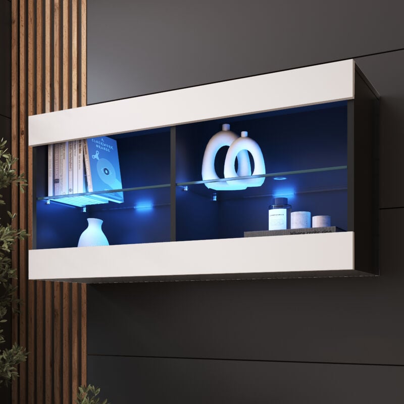 Komodee - Vitrine Suspendue Tivoli Horizontal 100, Noir/Blanc, led Bleues Largeur 100cm x Hauteur 50cm x Profondeur 29,5cm, 2 étagères en verre, pour