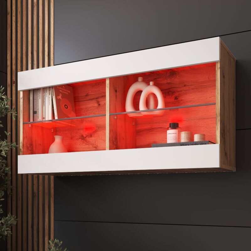 Komodee - Vitrine Suspendue Tivoli Horizontal 100, Wotan/Blanc, led rgb, Largeur 100cm x Hauteur 50cm x Profondeur 29,5cm, 2 étagères en verre, pour
