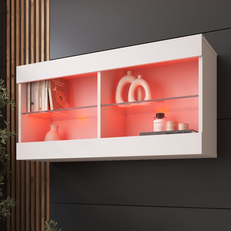 Komodee - Vitrine Suspendue Tivoli Horizontal 100, Blanc/Blanc, led rgb, Largeur 100cm x Hauteur 50cm x Profondeur 29,5cm, 2 étagères en verre, pour