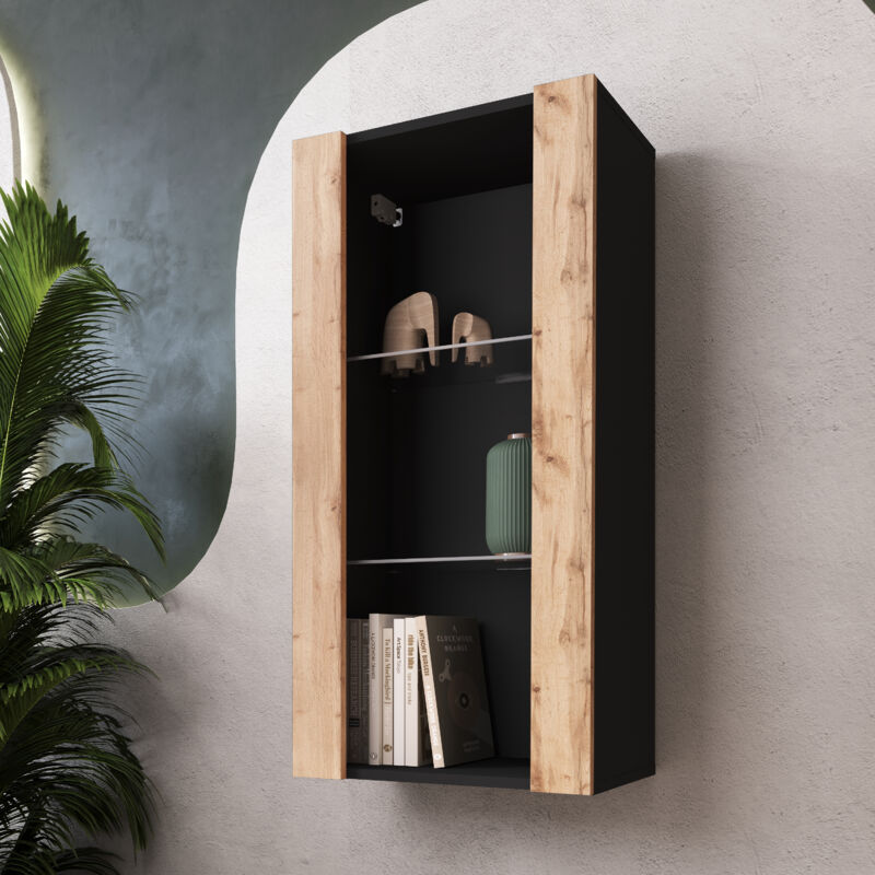 Komodee - Vitrine Suspendue Tivoli Vertical 100, Noir/Wotan, Sans led Largeur 100cm x Hauteur 50cm x Profondeur 29,5cm, 2 étagères en verre, pour