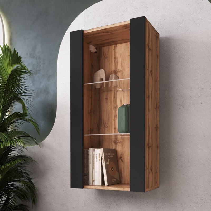 Komodee - Vitrine Suspendue Tivoli Vertical 100, Wotan/Noir, Sans led Largeur 100cm x Hauteur 50cm x Profondeur 29,5cm, 2 étagères en verre, pour