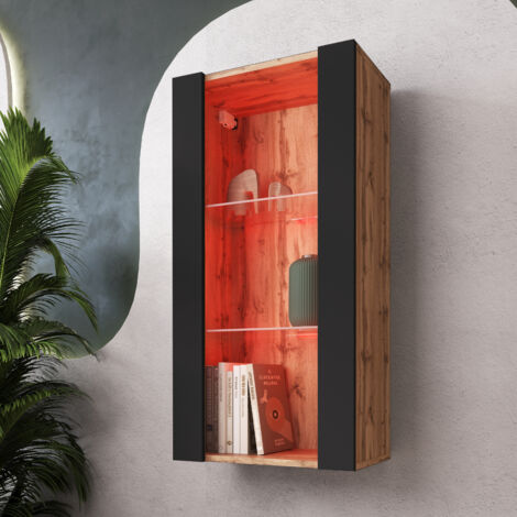 Komodee Vitrine Suspendue Tivoli Vertical 100, Wotan/Noir, LED RGB, Largeur 100cm x Hauteur 50cm x Profondeur 29,5cm, 2 étagères en verre, pour Salon, Chambre