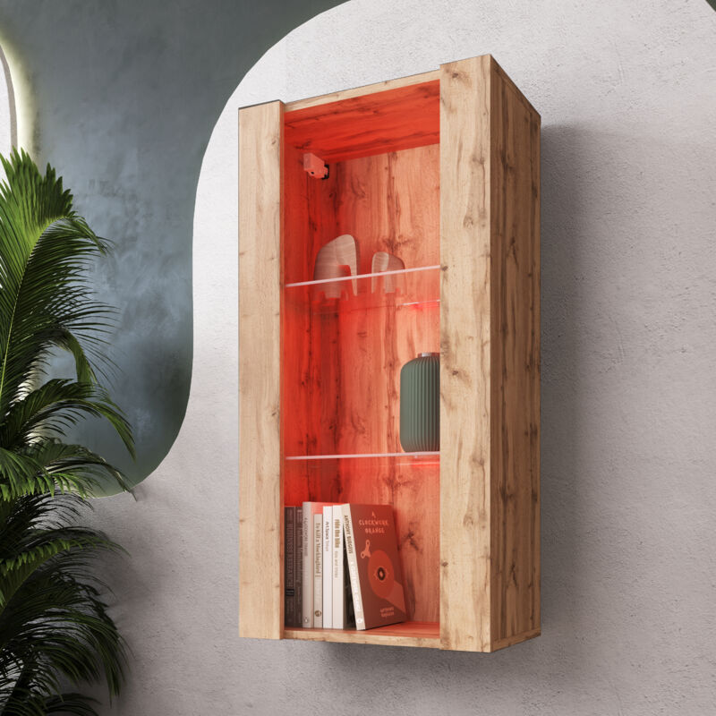 Komodee - Vitrine Suspendue Tivoli Vertical 100, Wotan/Wotan, led rgb, Largeur 100cm x Hauteur 50cm x Profondeur 29,5cm, 2 étagères en verre, pour