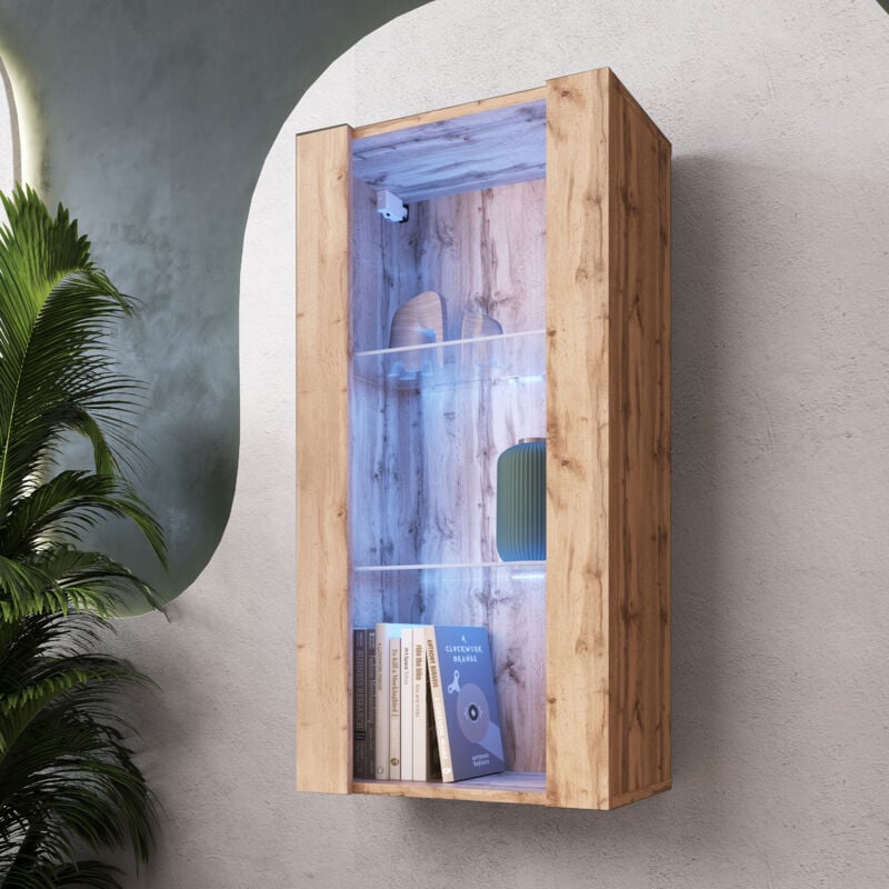 Komodee - Vitrine Suspendue Tivoli Vertical 100, Wotan/Wotan, led Bleues Largeur 100cm x Hauteur 50cm x Profondeur 29,5cm, 2 étagères en verre, pour