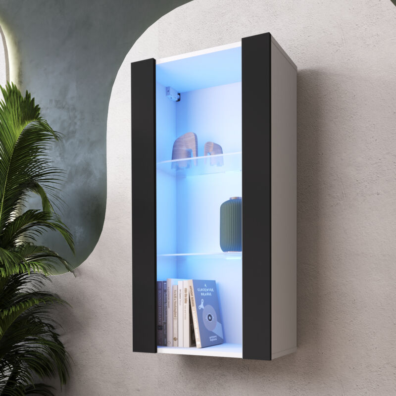 Komodee - Vitrine Suspendue Tivoli Vertical 100, Blanc/Noir, led Bleues Largeur 100cm x Hauteur 50cm x Profondeur 29,5cm, 2 étagères en verre, pour