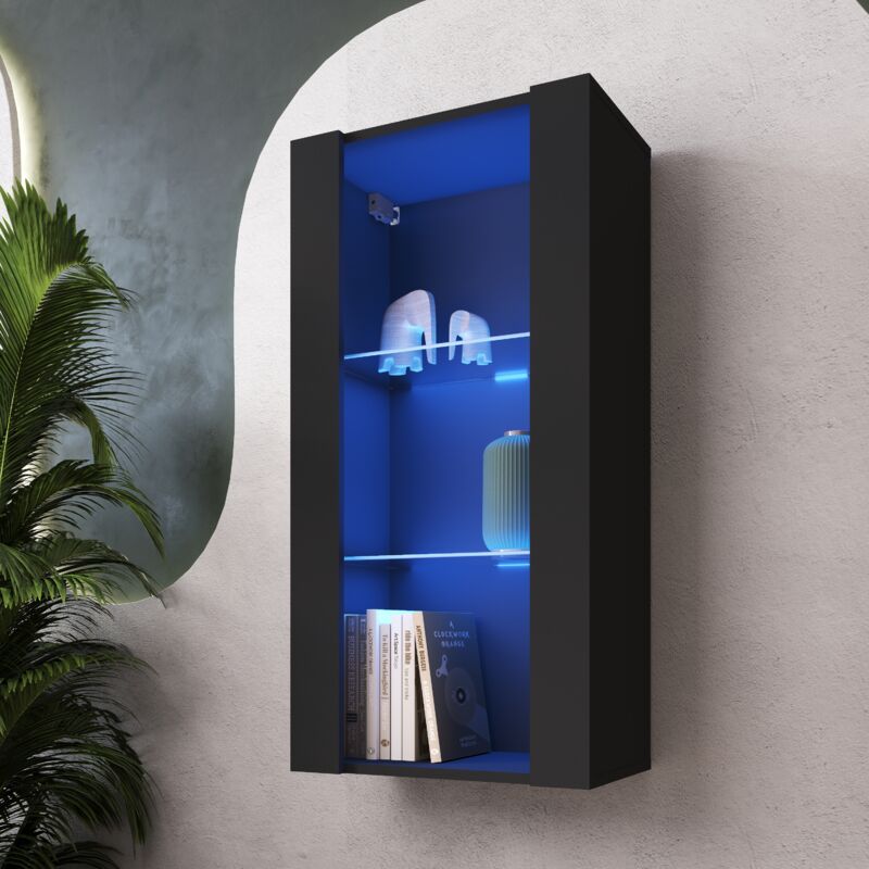 Komodee - Vitrine Suspendue Tivoli Vertical 100, Noir/Noir, led Bleues Largeur 100cm x Hauteur 50cm x Profondeur 29,5cm, 2 étagères en verre, pour