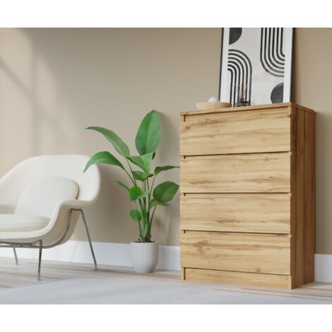 3E 3XE LIVING.COM 4 Schubladen, Farbe: WOTAN OAK, A: 70 x 101 x 39 cm , Schubladenkommode, Kommode mit Schubladen, Sideboard Wohnzimmer, Schlafzimmer Kommode, Kommode Flur, Highboard