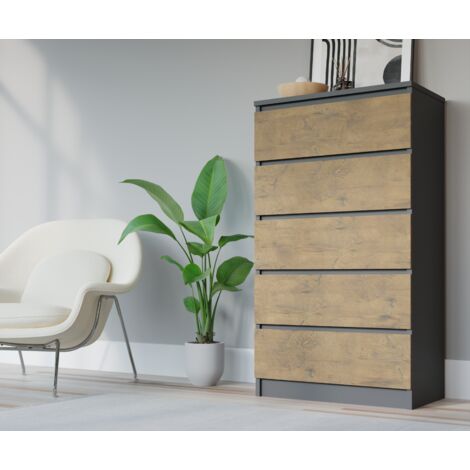 3E 3XE LIVING.COM 5 Schubladen, Farbe: ANTHRAZIT/EICHE LANCELOT, A: 70 x 125 x 39 cm , Schubladenkommode, Kommode mit Schubladen, Sideboard Wohnzimmer, Schlafzimmer Kommode, Kommode Flur, Highboard