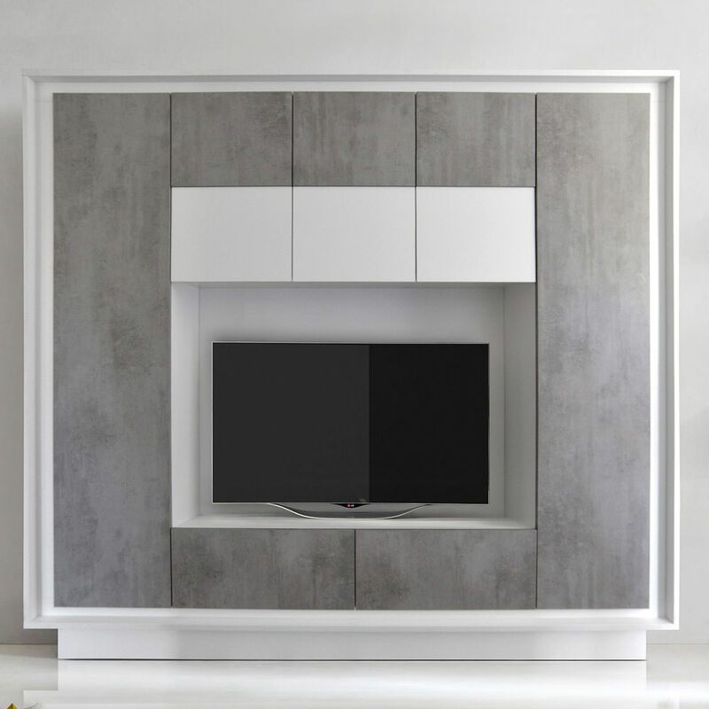 Kompakte Wohnzimmer Wohnwand SOLENZO-63 in Weiß Lack matt & Beton-Optik mit Soft-Close - B/H/T: 240/203/40cm