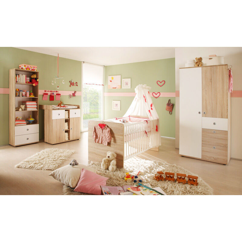 Komplett Babyzimmer Set 4-teilig Sonoma Eiche-weiß MEYRIN-22 Kleiderschrank 2-trg, Wickelkommode, Standregal & Babybett 70x140cm