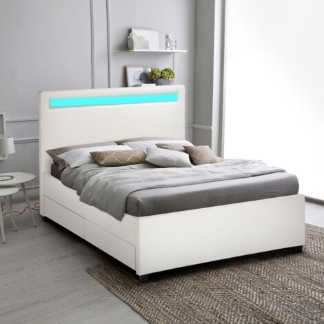 LLB LIVING LIFE BED Komplett Groß Einzelbett Lattenrost Led-Kopfende Schubladen 120x190 cm Geneva - Weiß