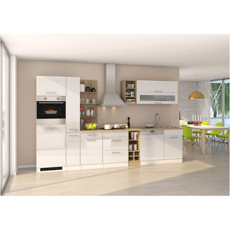 Komplett-Küche 340 cm weiß MARANELLO-03 , Weiß Hochglanz ohne E-Geräte B x H x T ca. 340 x 200 x 60cm