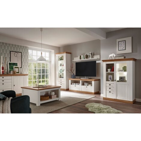 LOMADOX Komplett Landhaus Wohnzimmer-Set LINARES-61 in Pinie weiß / Wotan Eiche Nb. - Stellmaß Wohnwand: B/H/T ca.: 366/204/52cm