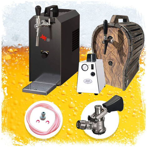 Komplett Set - Zapfanlage JET 30 Bierkoffer, Bierzapfanlage, Durchlaufkühler 1-leitig Trockenkühler, bis zu 35 Liter/h mit Holzfass, Zapfkopf:Korb