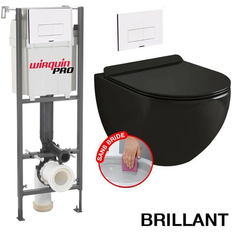 Komplett WC ohne Flansch Bati INITIO + Hochglanzschwarzes wandhängendes WC-Becken ohne Flansch + Weiße DESIGN Platte