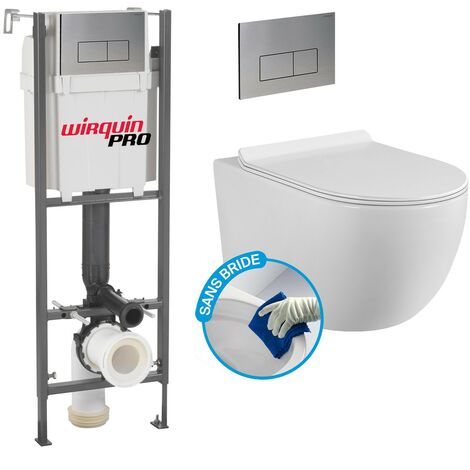 Komplett WC ohne Flansch Bati INITIO + Weißes wandhängendes Becken ohne Flansch + DESIGN Chromplatte.