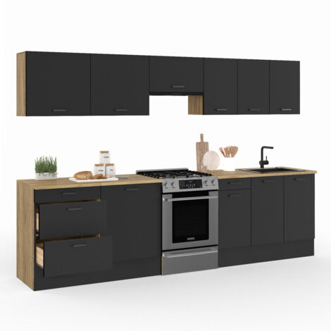 Komplette Küche Fronteinsatz 300 CM SUBTIL mit Arbeitsplatte 9 Elemente Holz und Schwarz