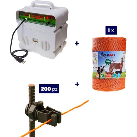 Komplettes Kit Für Den Weidezaun : 1 x Weidezaungerät 220 / 230 V + 1 x Weidezaunlitze 1000 Mt 6 mm² + 200 St. Isolatoren Holzpfählen - Weidezaunseil Elektrozaun Für Pferde Schafe Wildschweine Und R