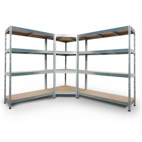 Komplettes Regalsystem, 1 Eckregal und 2 RIVET Steckregale mit den Maßen 180x90x45x64,5cm, 250kg, 180x120x45cm und 180x150x45cm 300kg, 4 HDF-Böden, verzinkt