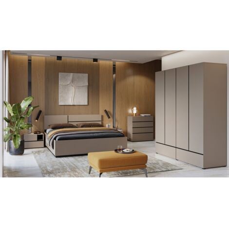 Komplettes Schlafzimmer HAVANA beige und schwarz – Bett 180x200, 4-türiger Schrank, Nachttische und Kommode