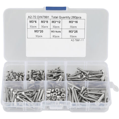 Komplettes Schraubenset für professionelle Montage und Befestigung – 260-teiliges Set aus M3-Schrauben aus Edelstahl 304 mit flachem Sechskantkopf und Aufbewahrungskoffer