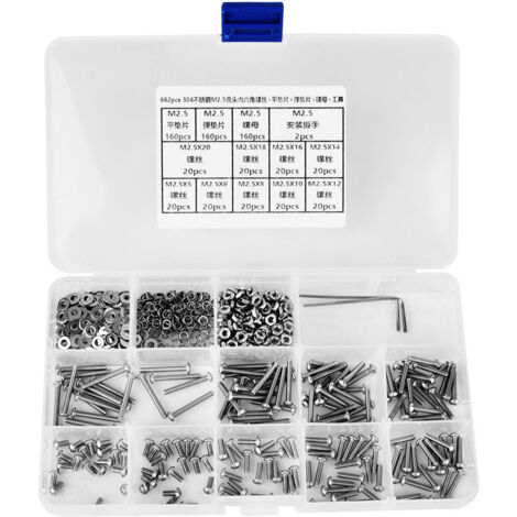 Komplettes Schraubenset mit Fächern- 662-teiliges SUS304 M2.5 Schraubenset inklusive Innensechskantschrauben, Sechskantstopfen, Muttern, Unterlegscheiben, Federdichtungen und Schraubenschlüssel - Aufb