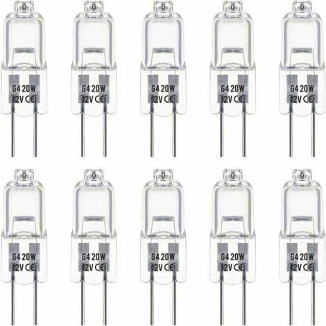 Komplettes Set mit 10 G4 12V 20W Halogenlampen. Sie emittieren warmweißes Licht (3000K, XU) mit einer Helligkeit von 350 Lumen. Die Lampen sind dimmbar und transparent. KZQ - KZQ
