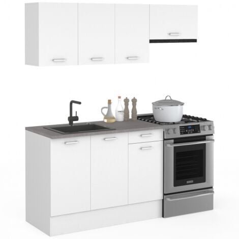 IDMARKET Komplettküche 180 cm SUBTIL mit 5-teiliger Arbeitsplatte in Weiß und Betonplatten