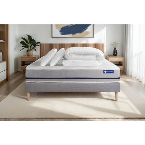 Komplettpaket Bett - Matratze 140x200 cm + Boxspringbett mit Lattenrost (im Set) + 2 Kopfkissen + Bettdecke - Actiflex Soft