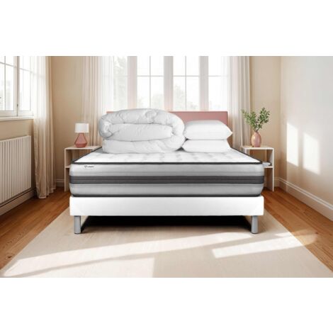 Komplettpaket Bett - Matratze 140x200 cm + Boxspringbett mit Lattenrost (im Set) + 2 Kopfkissen + Bettdecke - Vitalpower Recover