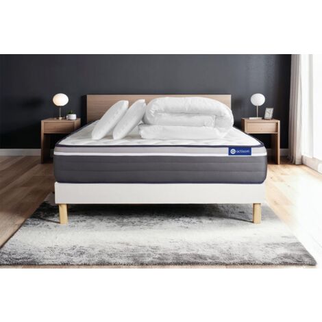 Komplettpaket Bett - Matratze 180x200 cm + Boxspringbett mit Lattenrost (im Set) + 2 Kopfkissen + Bettdecke - Actiflex Plus