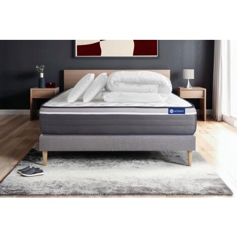 Komplettpaket Bett - Matratze 180x200 cm + Boxspringbett mit Lattenrost (im Set) + 2 Kopfkissen + Bettdecke - Actilatex Plus