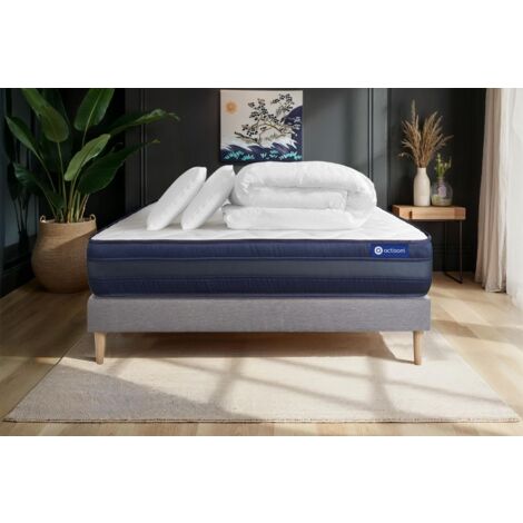 Komplettpaket Bett - Matratze 180x200 cm + Boxspringbett mit Lattenrost (im Set) + 2 Kopfkissen + Bettdecke - Actilatex Tech