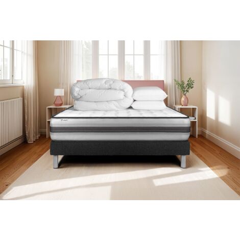 Komplettpaket Bett - Matratze 180x200 cm + Boxspringbett mit Lattenrost (im Set) + 2 Kopfkissen + Bettdecke - Vitalpower Recover