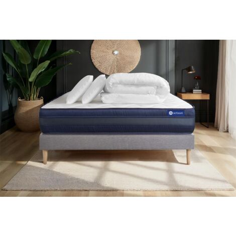 Komplettpaket Bett - Matratze 200x200 cm + Boxspringbett mit Lattenrost (im Set) + 2 Kopfkissen + Bettdecke - Actimemo Tech